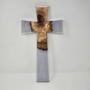 Product image of Cross Shaped Wall Hanging made from Australian Red Mallee Burl wood and resin