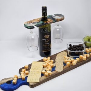 Product image of Long Narrow Walnut and Blue Resin Charcuterie Board with handle