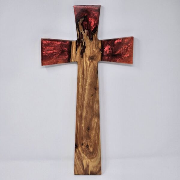 Product image of Cross Shaped Wall Decor made from Cedar Fence Post and red resin