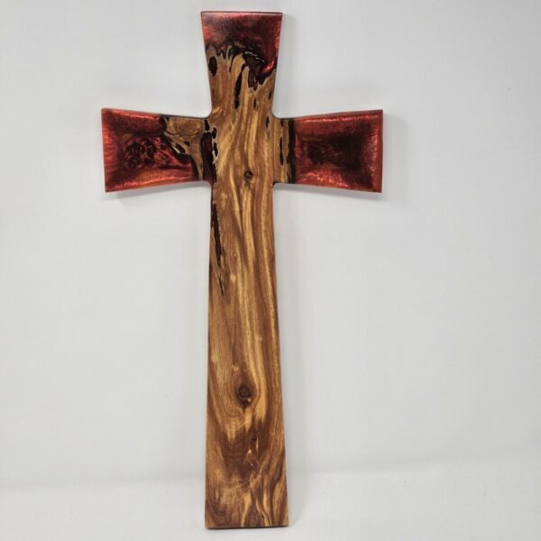 Product image of Cross Shaped Wall Decor made from Cedar Fence Post and red resin