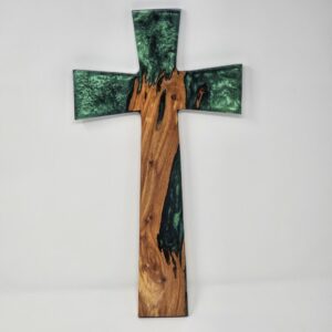 Product image of Cross Shaped Wall Decor made from Cedar Fence Post and green resin